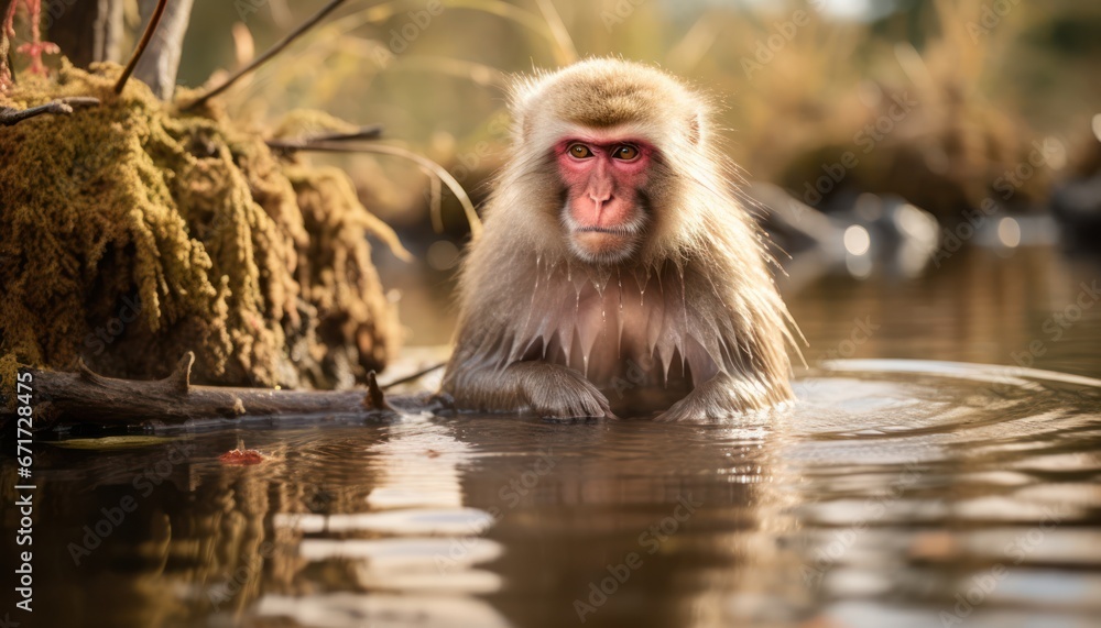 Naklejka premium Photo of a Playful Japanese Macaque Enjoying a Refreshing Dip in the Aquatic Oasis