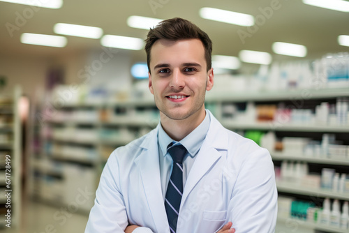 Pharmacist Wearing Lab Coat and Glasses, Crosses Arms and Looks at Camera Smiling Charmingly in a pharmacy store