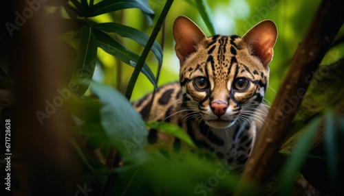 Photo of Close-Up of a Curious Margay Cat perched high in a Tree photo