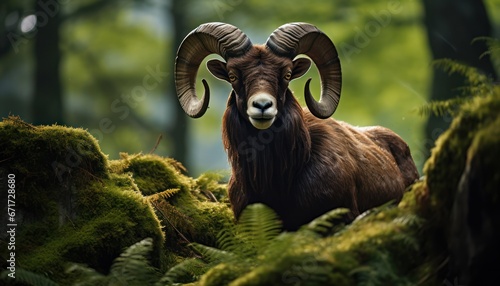 Photo of a Majestic Mouflon Amidst a Vibrant, Verdant Forest