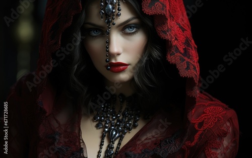 A girl of gothic appearance, a beautiful goddess, an evil queen of pain, a demon, a vampire, the bride of Dracula. Halloween outfit, masquerade, witch cosplay, mysticism and witchcraft