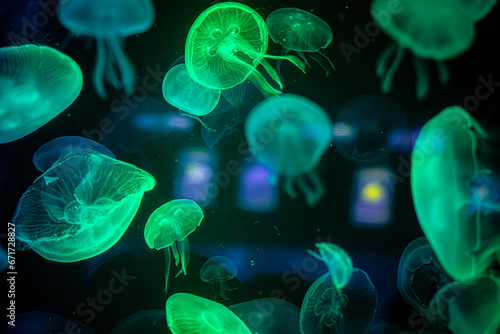 Fotografi A colony of glowing blue-green jellyfish in an aquarium.