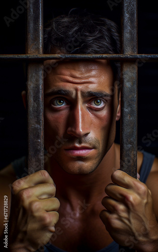 A man prisoner holding onto the bars of a cell