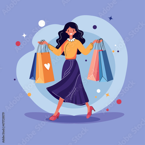 Girl shopping, flat vector illustration. Happy woman with packages.