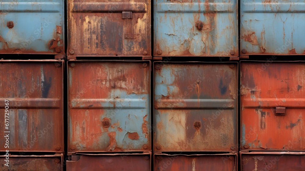 Close-up view of marks and rust patterns on metal containers, revealing the intricate textures and weathered appearance of the surfaces Close-up view of marks and rust patterns on metal containers, revealing the intricate textures and weathered appearance of the surfaces