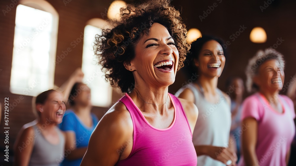Middle-aged hispanic women enjoying a joyful dance class, candidly expressing their active lifestyle through Zumba with friends, generative ai