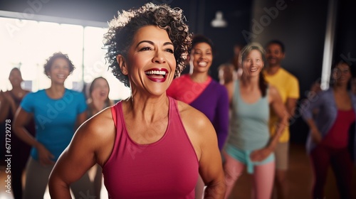 Middle-aged hispanic women enjoying a joyful dance class, candidly expressing their active lifestyle through Zumba with friends, generative ai © Hixel