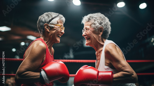 Two fit senior women boxing in gym,happy two senior women boxing at the gym. © kiatipol