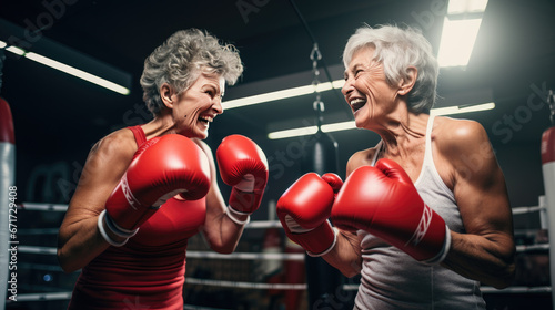 Two fit senior women boxing in gym,happy two senior women boxing at the gym. © kiatipol