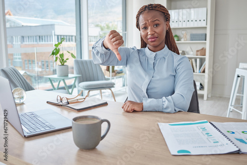 Thumbs down, negative and fail with a business woman denying, declining or rejecting an application in her office at work. Fired, unemployment and job loss with a female leader delivering bad news