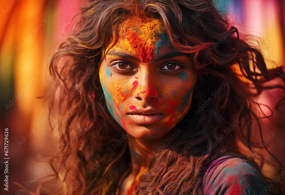 Portrait of a beautiful girl full of colored powder all over the body,women are in full holi colors,ndian woman full of colorful powders for Indian Holi Festival in the streets.