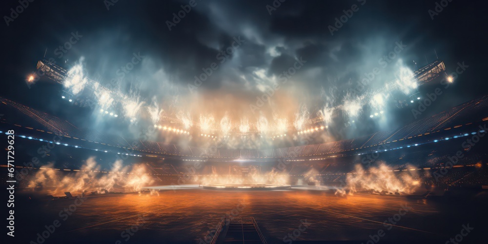 Obraz premium Vivid stadium arena lights shining brightly, illuminating the night with a mix of stadium lights and smoke, creating a captivating atmosphere.