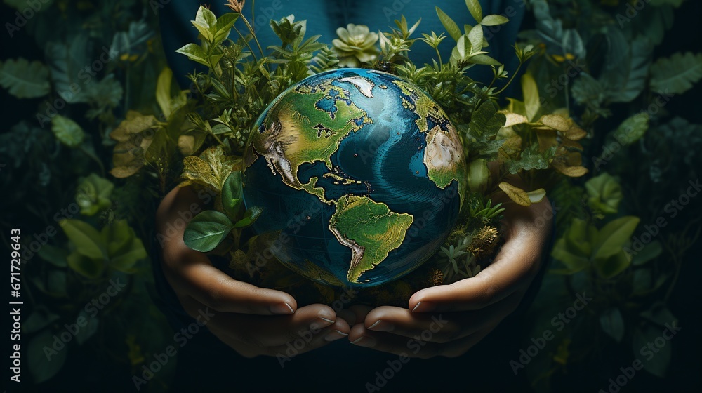 A dynamic visual portrayal showing hands grasping a sphere with prolific vegetation, representing the requirement for worldwide sustainability initiatives. - obrazy, fototapety, plakaty 