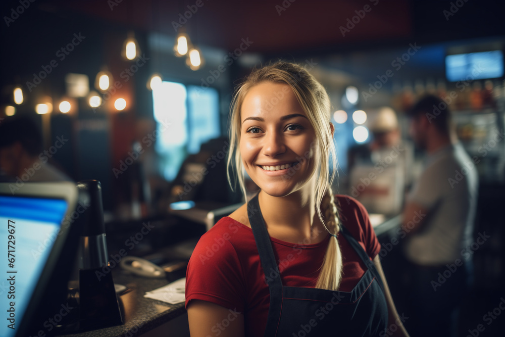 Friendly Cafe Service: Portrait of a Smiling Waitress at the Counter Friendly Cafe Service: Portrait of a Smiling Waitress at the Counter