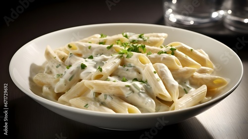 A plate of penne pasta coated in a creamy Alfredo sauce, sprinkled with chopped parsley and black pepper