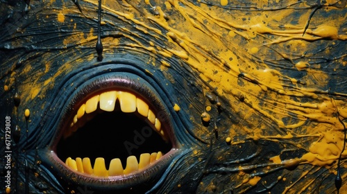  a close up of an animal's mouth with it's mouth open and yellow paint all over it.  generative ai photo