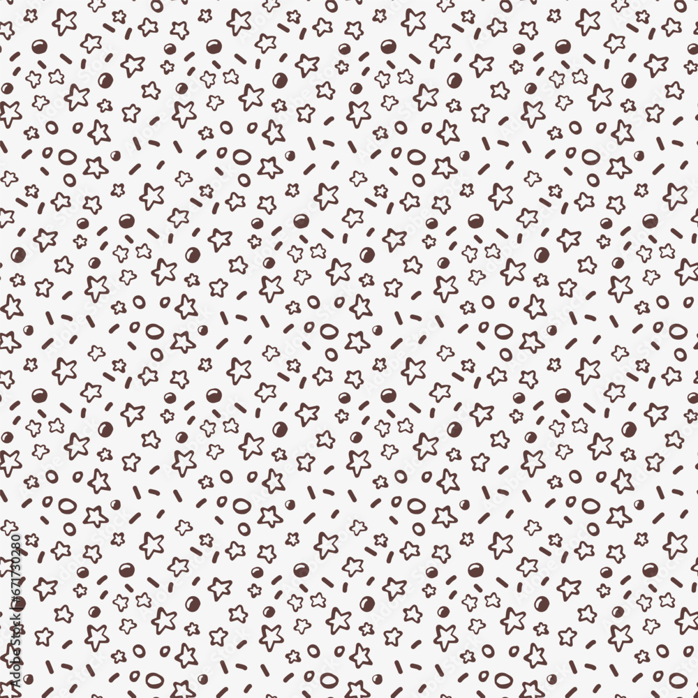 Doodle star and drop seamless pattern. Hand drawn texture monochrome vector illustration background for surface design, textile, fabric, scrapbook or wallpaper