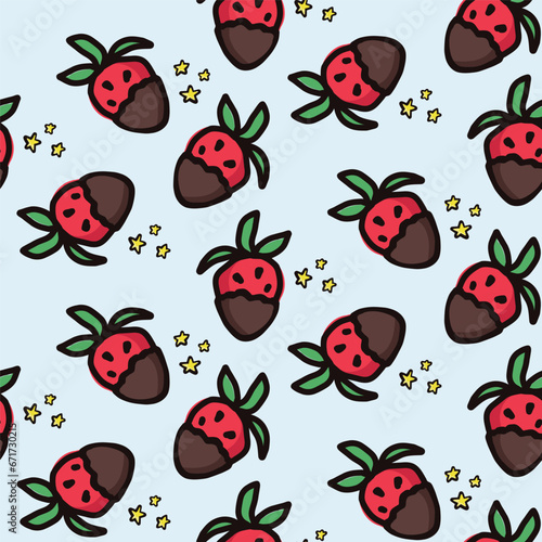 Strawberry fruit with chocolate seamless pattern. Summer berries fruits vector background. Hand drawn doodle illustration for cover, fabric, wallpaper texture, backdrop, birthday invitation.