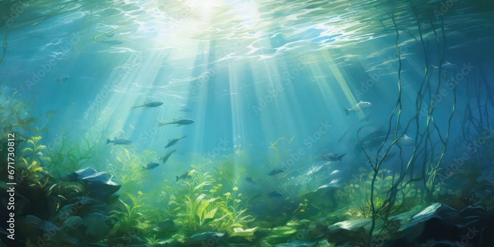 Underwater image capturing a seabed adorned with lush green seagrass, illuminated by dappled light and shadows, creating a captivating and serene ambiance. Underwater image capturing a seabed adorned with lush green seagrass, illuminated by dappled light and shadows, creating a captivating and serene ambiance.
