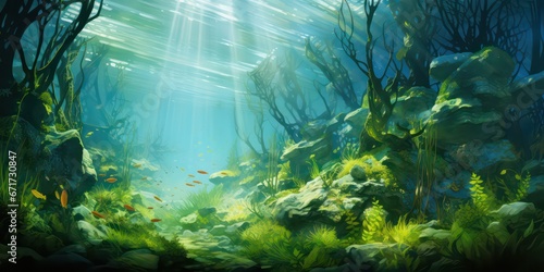 Underwater image capturing a seabed adorned with lush green seagrass  illuminated by dappled light and shadows  creating a captivating and serene ambiance.