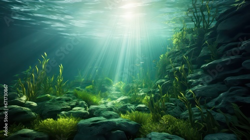 Underwater image capturing a seabed adorned with lush green seagrass, illuminated by dappled light and shadows, creating a captivating and serene ambiance.