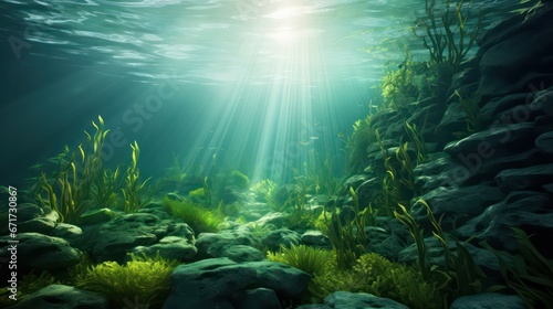 Underwater image capturing a seabed adorned with lush green seagrass, illuminated by dappled light and shadows, creating a captivating and serene ambiance.