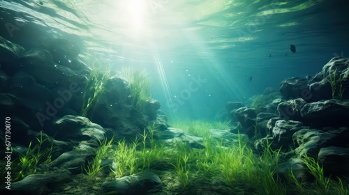 Underwater image capturing a seabed adorned with lush green seagrass, illuminated by dappled light and shadows, creating a captivating and serene ambiance. © Nattadesh