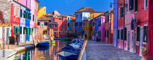 Italy travel and landmarks. Most colorful places (towns) - Burano island, village with vivid houses near Venice.