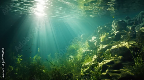 Underwater image capturing a seabed adorned with lush green seagrass, illuminated by dappled light and shadows, creating a captivating and serene ambiance.
