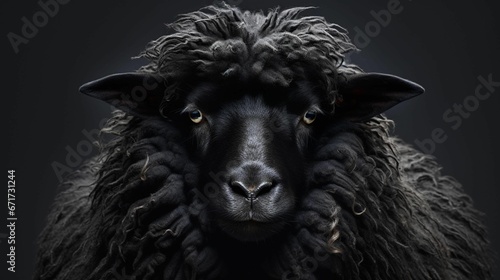 AI generated illustration of a black sheep on a dark background photo