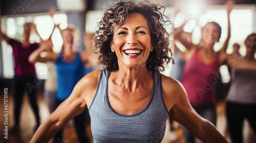 Middle-aged white women enjoying a joyful dance class, candidly expressing their active lifestyle through Zumba with friends, generative ai