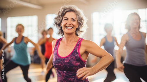 Middle-aged white women enjoying a joyful dance class, candidly expressing their active lifestyle through Zumba with friends, generative ai photo