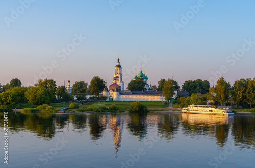View of the Tolga Monastery from the Volga River during sunset