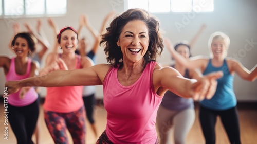 Middle-aged white women enjoying a joyful dance class, candidly expressing their active lifestyle through Zumba with friends, generative ai