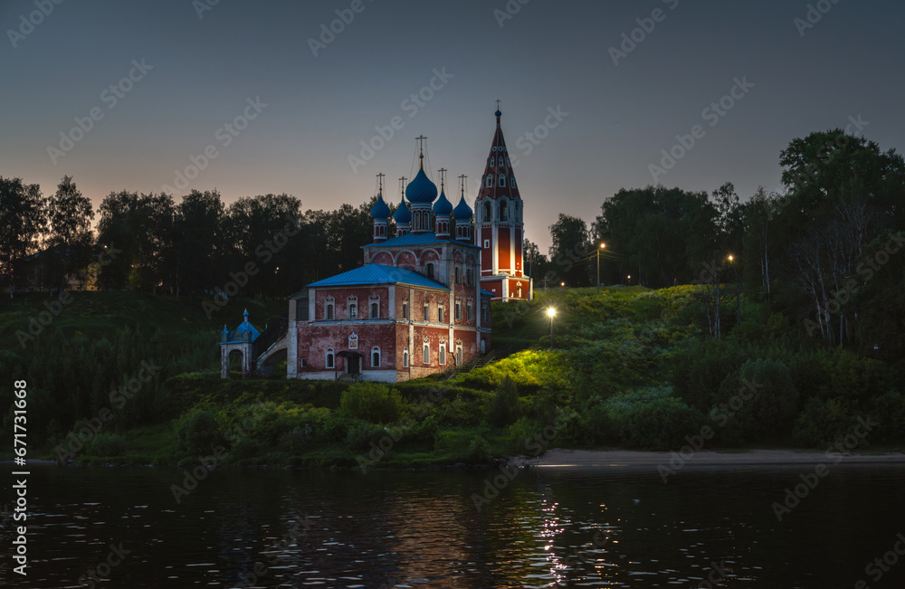 View of the Kazan Transfiguration Church from the Volga River at dusk