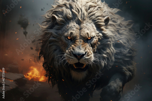 Close up portrait of aggressive lion on abstract background with smoke.