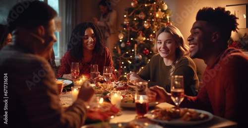 Friends of various ethnicities enjoying a joyful Christmas dinner together at home