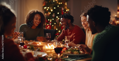 Friends of various ethnicities enjoying a joyful Christmas dinner together at home