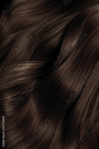 Brown hair close-up as a background. Women s long brown hair. Beautifully styled wavy shiny curls. Hair coloring. Hairdressing procedures  extension.