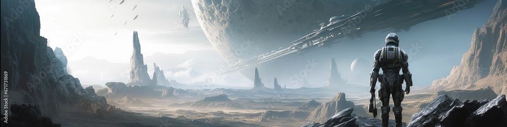 AI generated illustration of A robot standing in a desert with a space ...