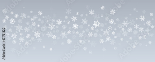 Christmas snowflakes background. Winter silver snow border decoration, greeting card. Noel subtle frame backdrop. Vector illustration