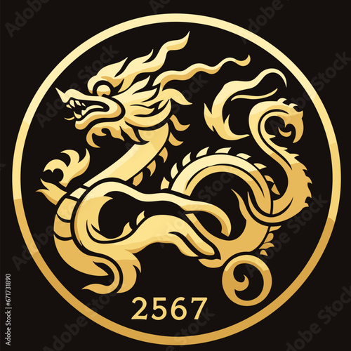 Thai naga, Chinese dragon, new year banner illustration Combining the numbers 2567 for the New Year festival 2567 - Vector