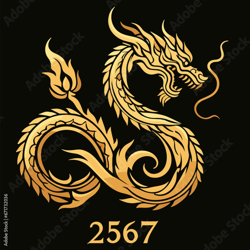 Thai naga  Chinese dragon symbol illustration Combining the numbers 2567 for the New Year festival 2567 - Vector