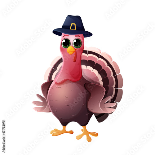 Thanksgiving Day. Cute cartoon character turkey bird in pilgrim hat . Vector illustration