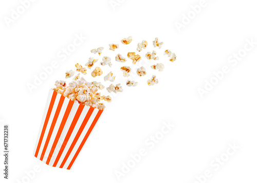 box orange with popcorn in flight on a white transparent background close-up
