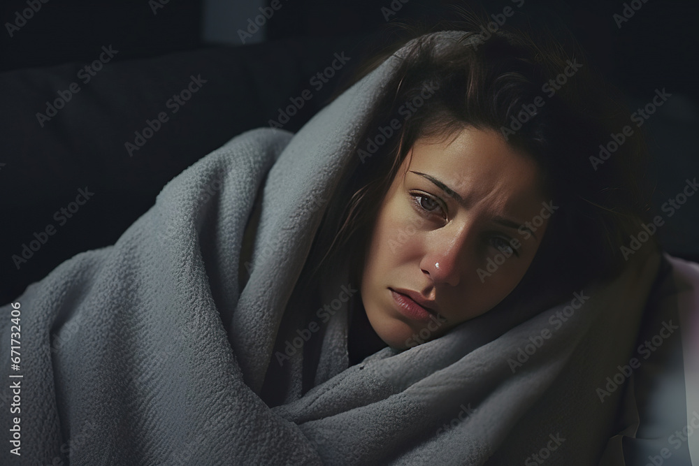 Tired unhappy young beautiful brunette woman waking up with headache in the morning, sick lady lying in bed at home, covered with blanket over head, suffering from hangover or migraine Tired unhappy young beautiful brunette woman waking up with headache in the morning, sick lady lying in bed at home, covered with blanket over head, suffering from hangover or migraine