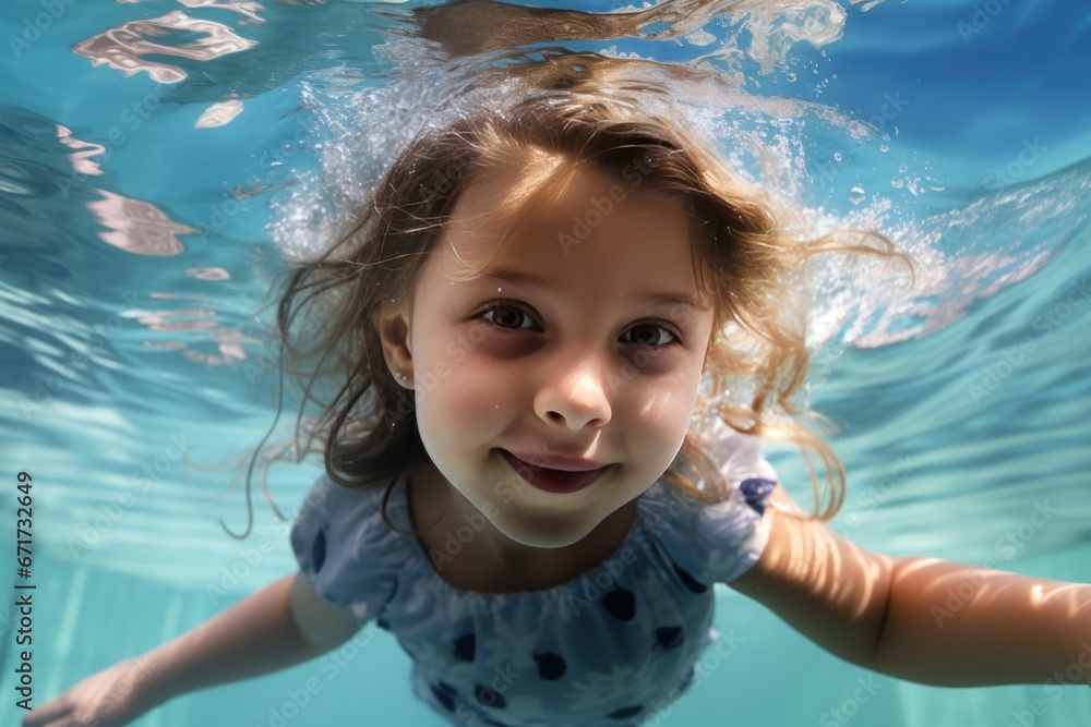 Girl swimming underwater in the paddling pool