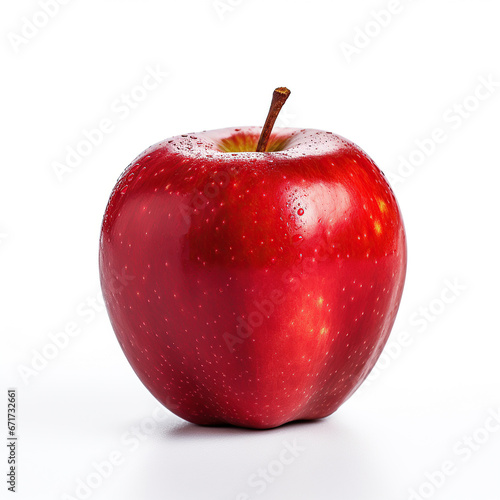 A red apple with shiny skin covered with water droplets
