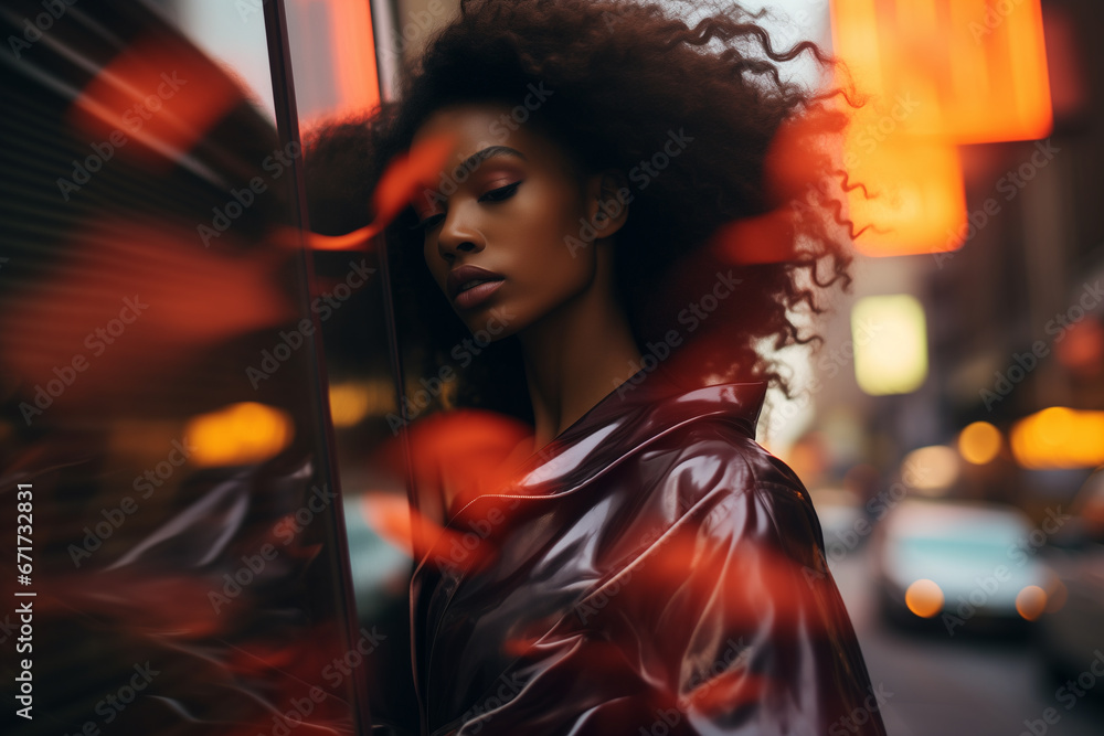 Blurred side angle of an ebony female model in the background of a New York street in surreal fashion photography style Blurred side angle of an ebony female model in the background of a New York street in surreal fashion photography style