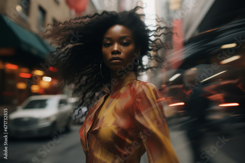 Blurred side angle of an ebony female model in the background of a New York street in surreal fashion photography style